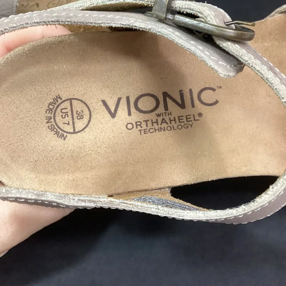 Vionic Orthaheel Strappy Slingback-Women 7-Tan-Flower-Buckle-Cork Heel-Gibraltar